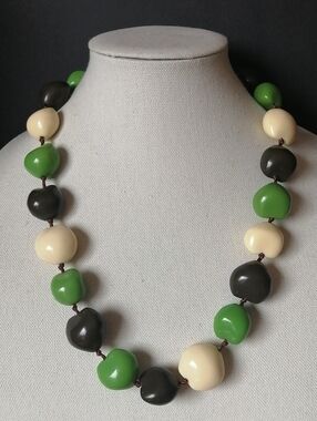 Bohemian Green, Cream & Brown Chunky Beaded Modern Bold Necklace